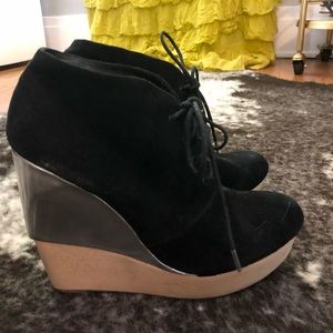 Marino suede booties w wood & metallic wedge